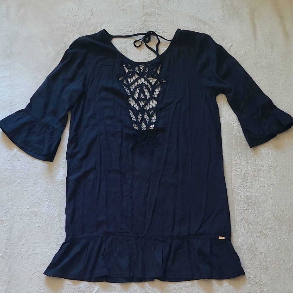 Roxy Goldy Soul Black Crochet Front Mini Dress Cover Up Size S Beach Boho Resort